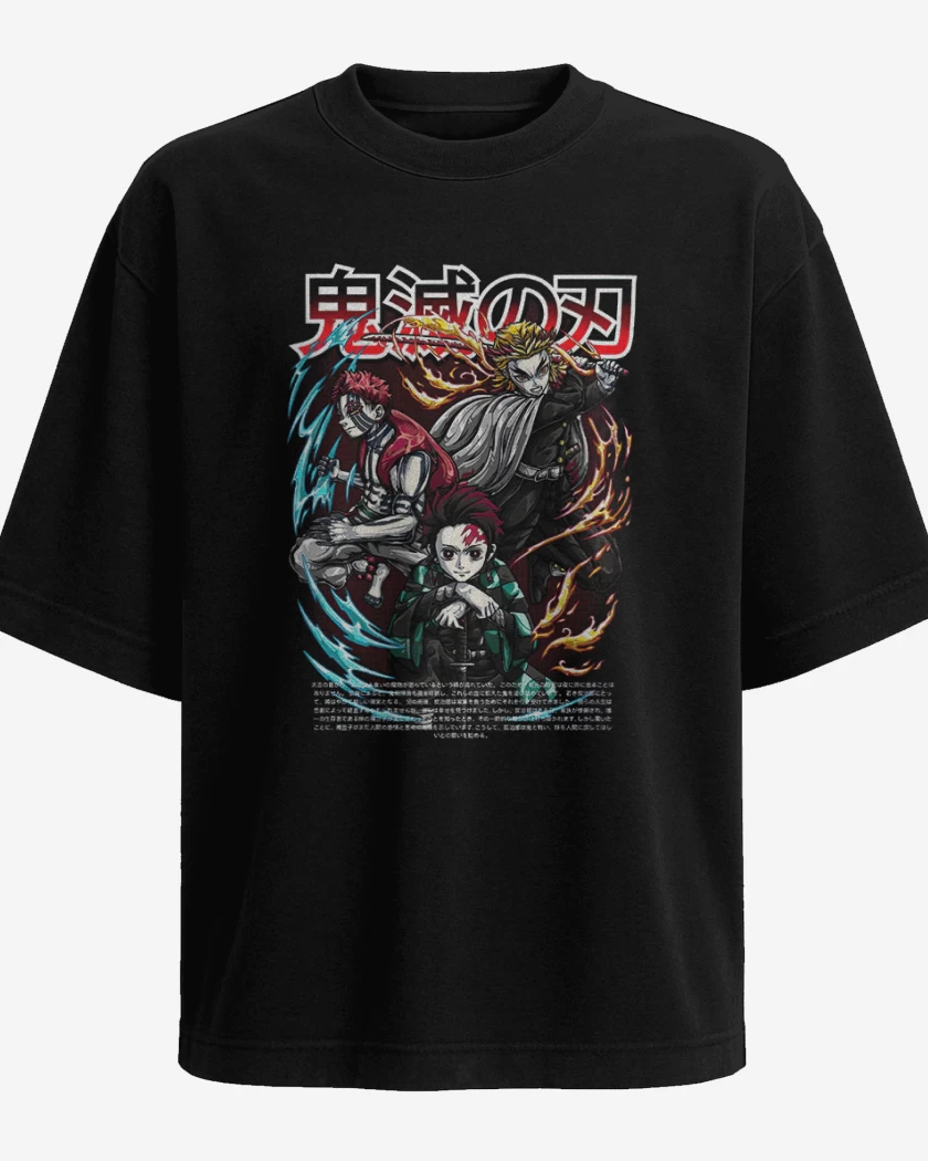 Polera Oversize Negro de Rengoku y Tanjiro vs Akaza