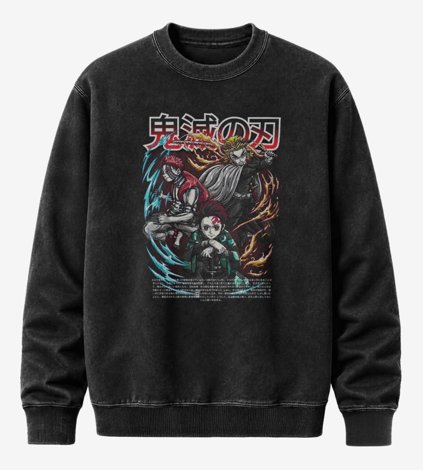 Poleron Polo Acid Wash Negro de Rengoku y Tanjiro vs Akaza