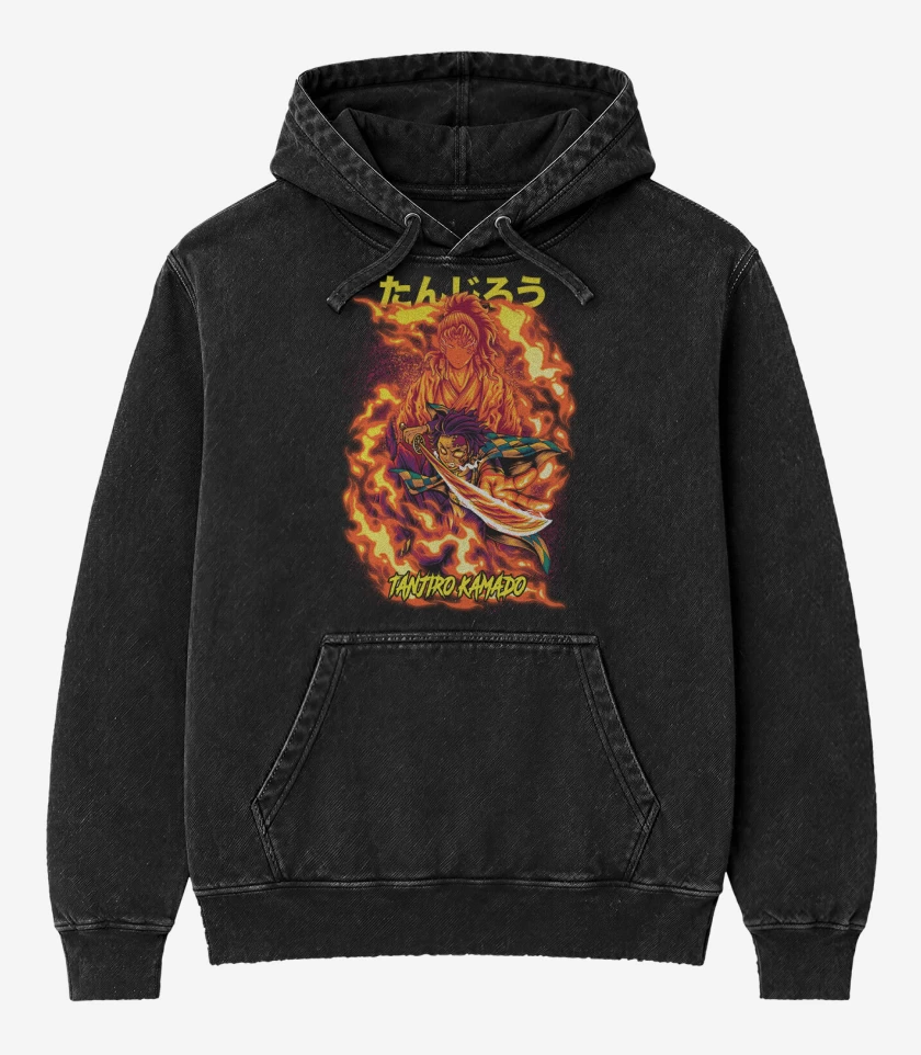 Poleron Canguro Acid Wash Negro de Tanjiro Kamado Respiración solar 