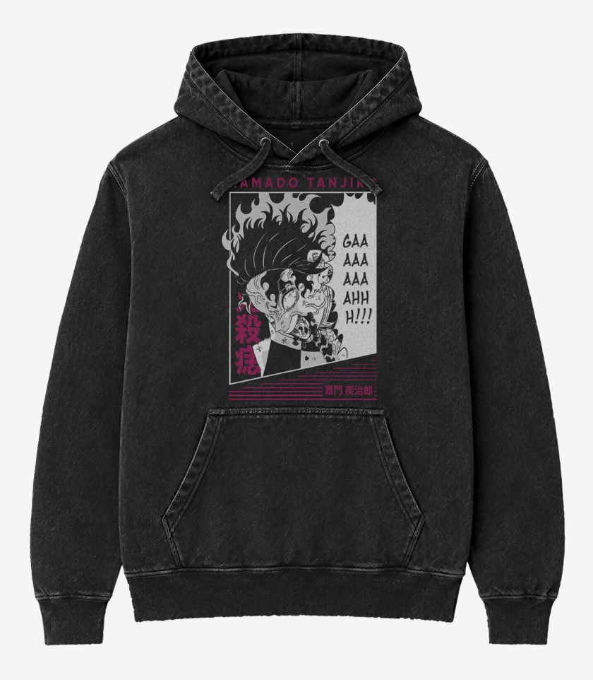 Poleron Canguro Acid Wash Negro de Tanjiro Rage