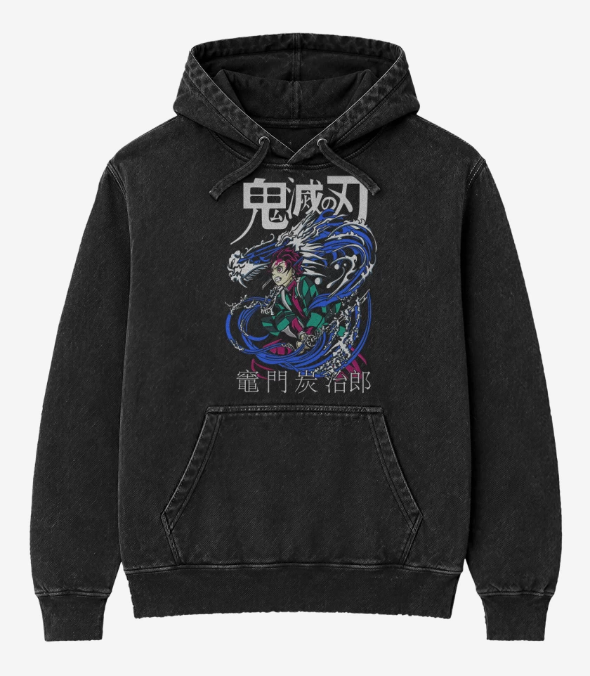 Poleron Canguro Acid Wash Negro de Tanjiro Respiracion del agua