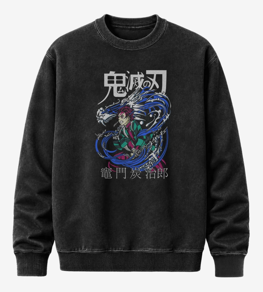 Poleron Polo Acid Wash Negro de Tanjiro Respiracion del agua