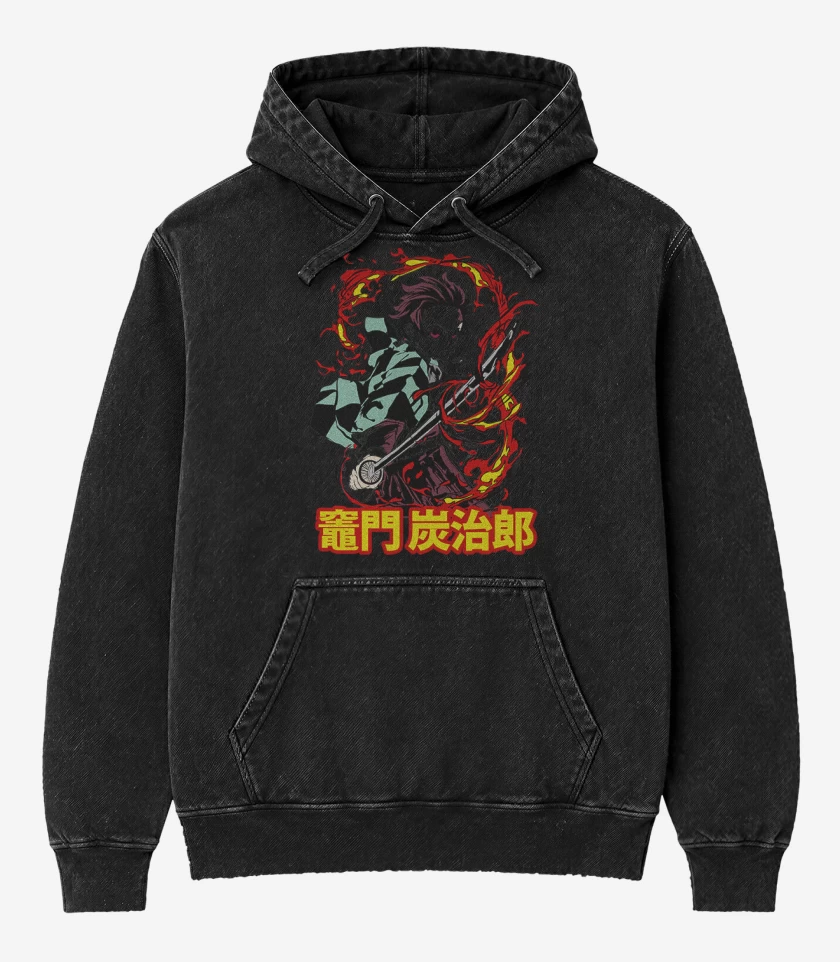 Poleron Canguro Acid Wash Negro de Tanjiro Respiracion solar