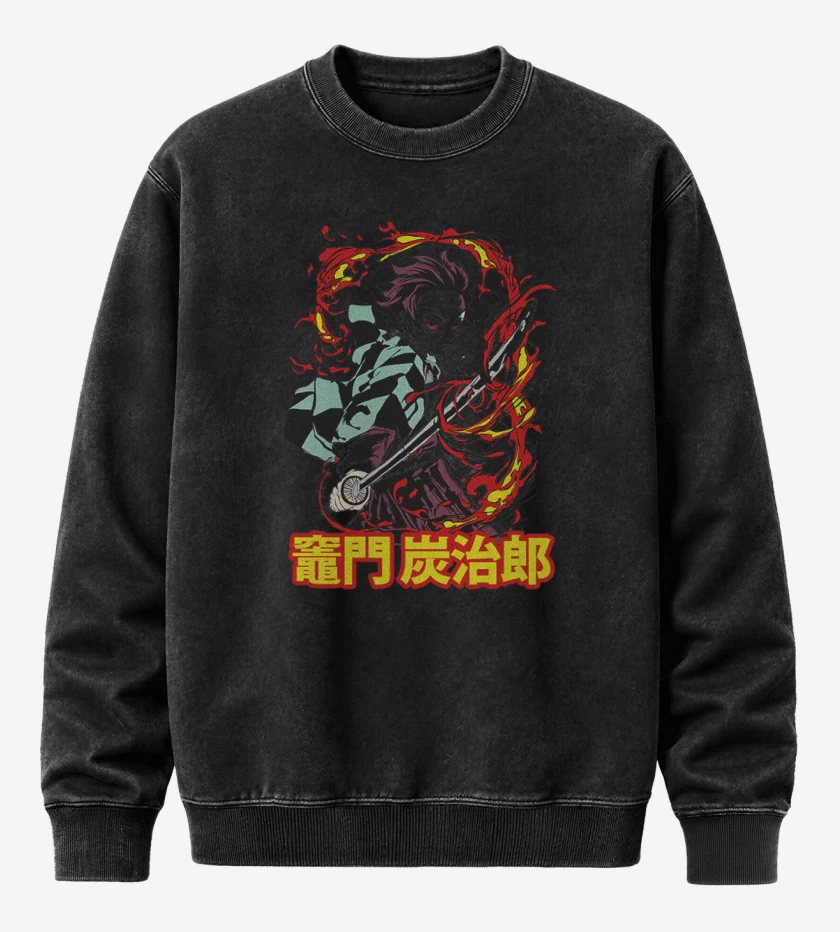Poleron Polo Acid Wash Negro de Tanjiro Respiracion solar