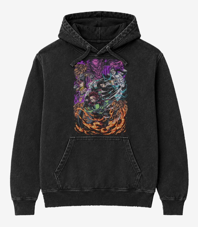 Poleron Canguro Acid Wash Negro de Tanjiro And Tokito