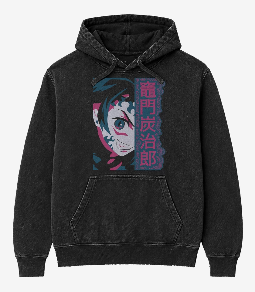 Poleron Canguro Acid Wash Negro de Tanjiro Demon