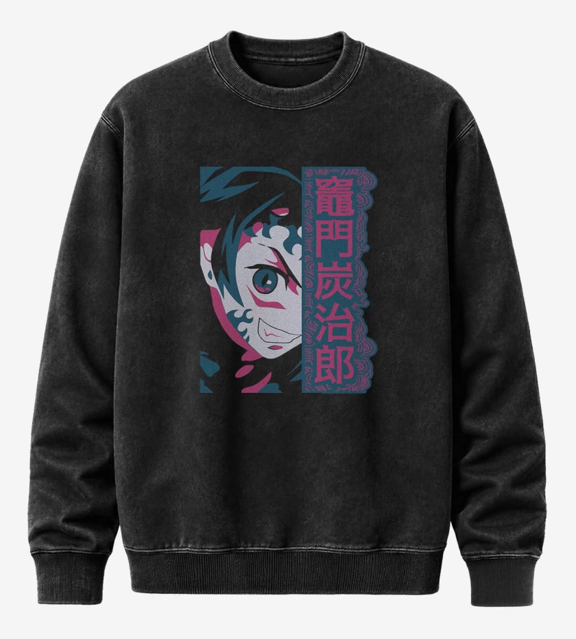 Poleron Polo Acid Wash Negro de Tanjiro Demon