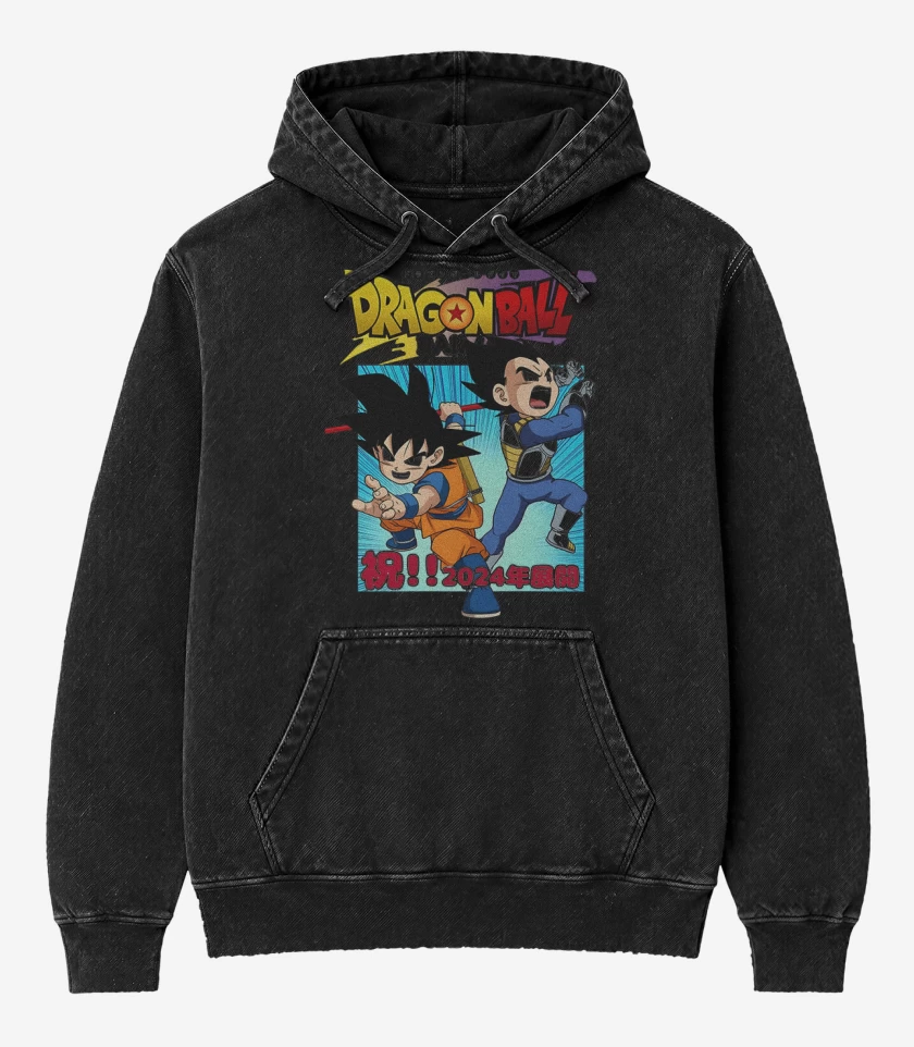 Poleron Canguro Acid Wash Negro de Goku y Vegeta Daima
