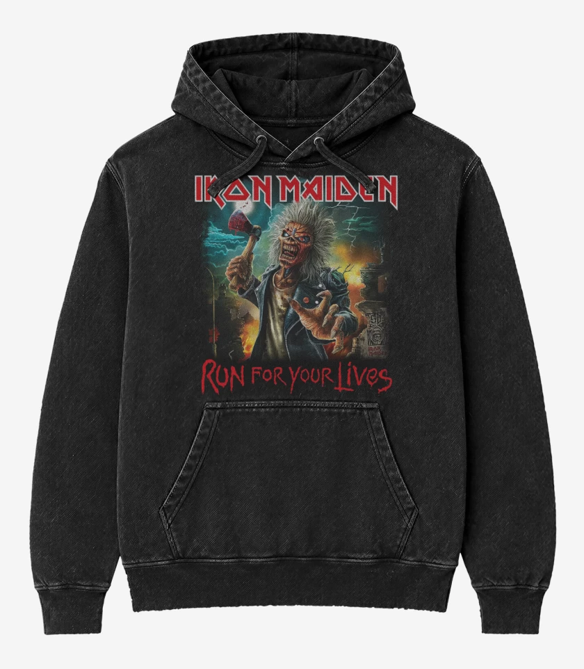 Poleron Canguro Acid Wash Negro de Iron Maiden Run For Your Lives