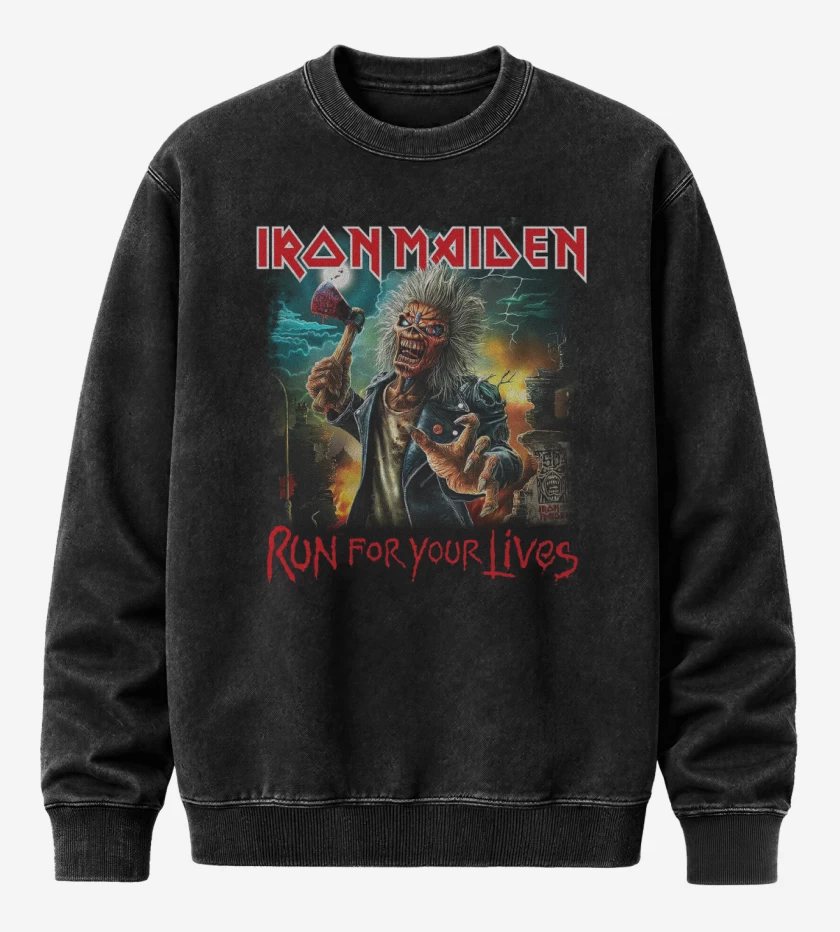 Poleron Polo Acid Wash Negro de Iron Maiden Run For Your Lives