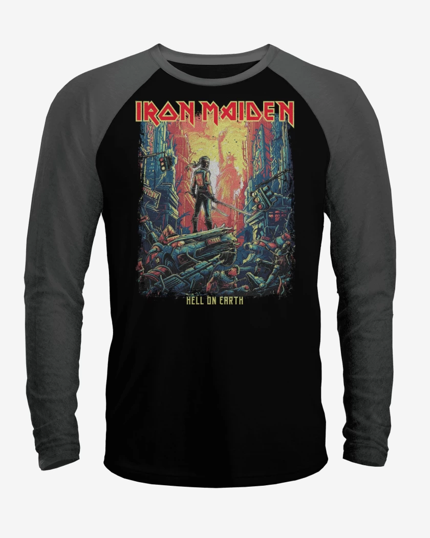 Polera Raglan Negro / Negro Heather de Iron Maiden Hell on Earth