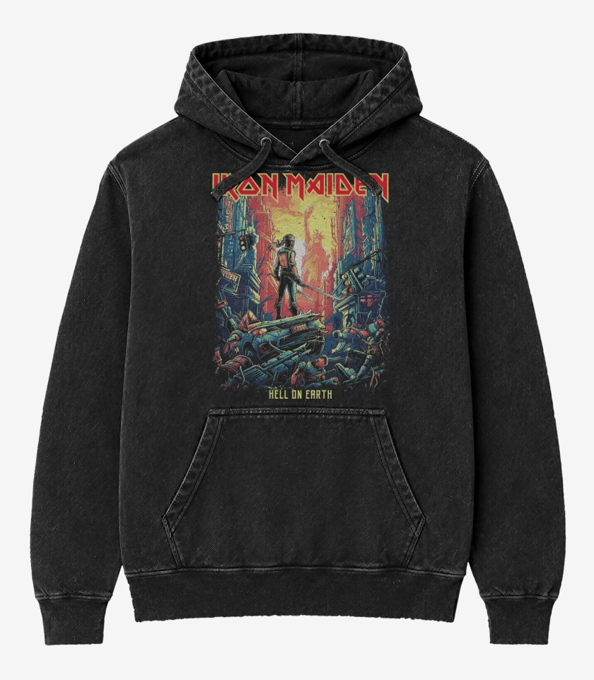 Poleron Canguro Acid Wash Negro de Iron Maiden Hell on Earth