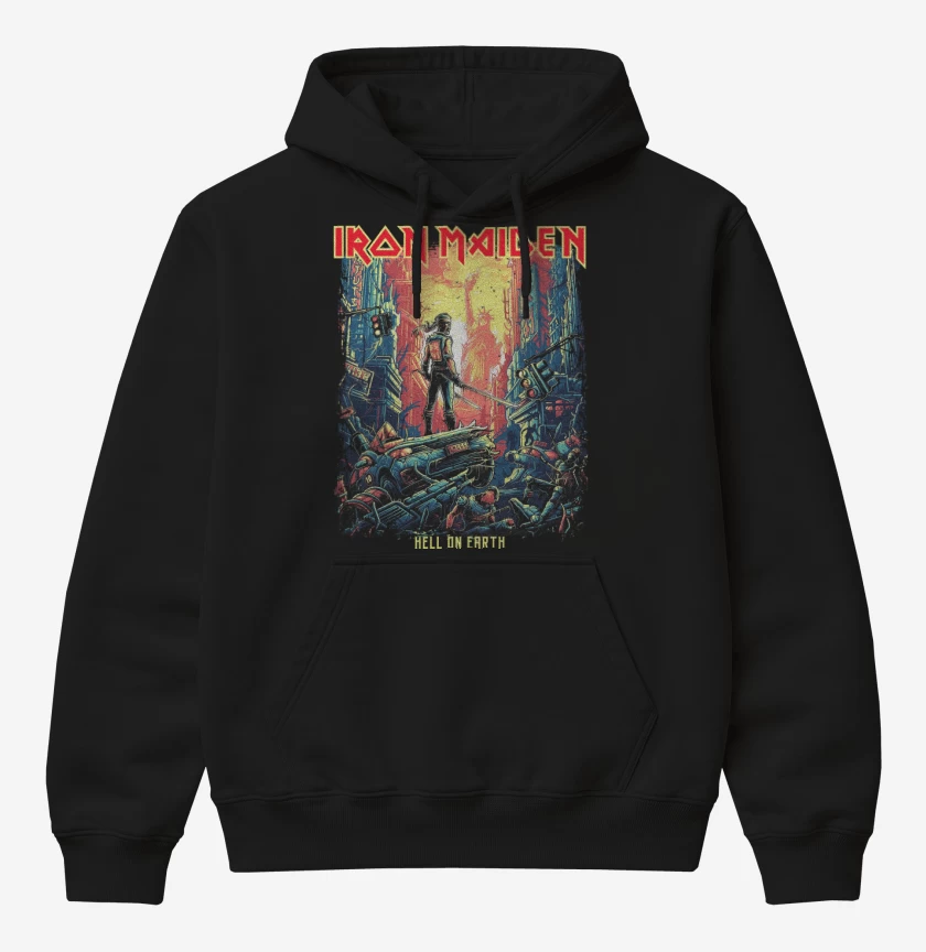 Poleron Canguro básico Negro de Iron Maiden Hell on Earth