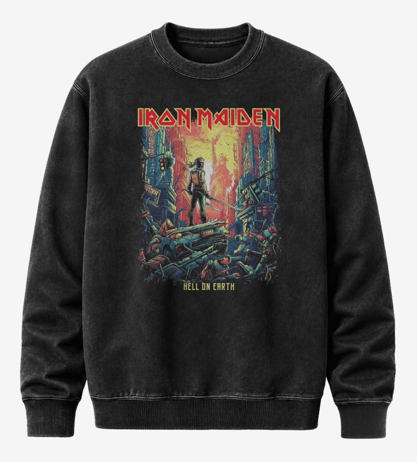 Poleron Polo Acid Wash Negro de Iron Maiden Hell on Earth