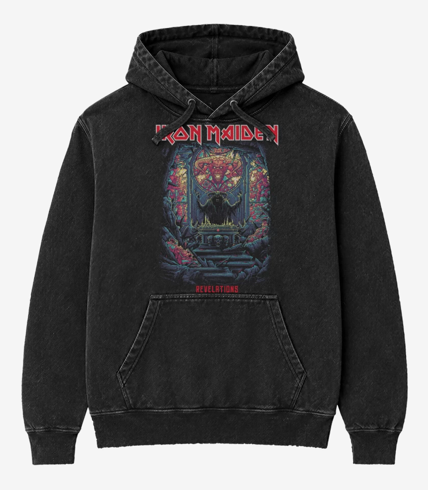 Poleron Canguro Acid Wash Negro de Iron Maiden Revelations