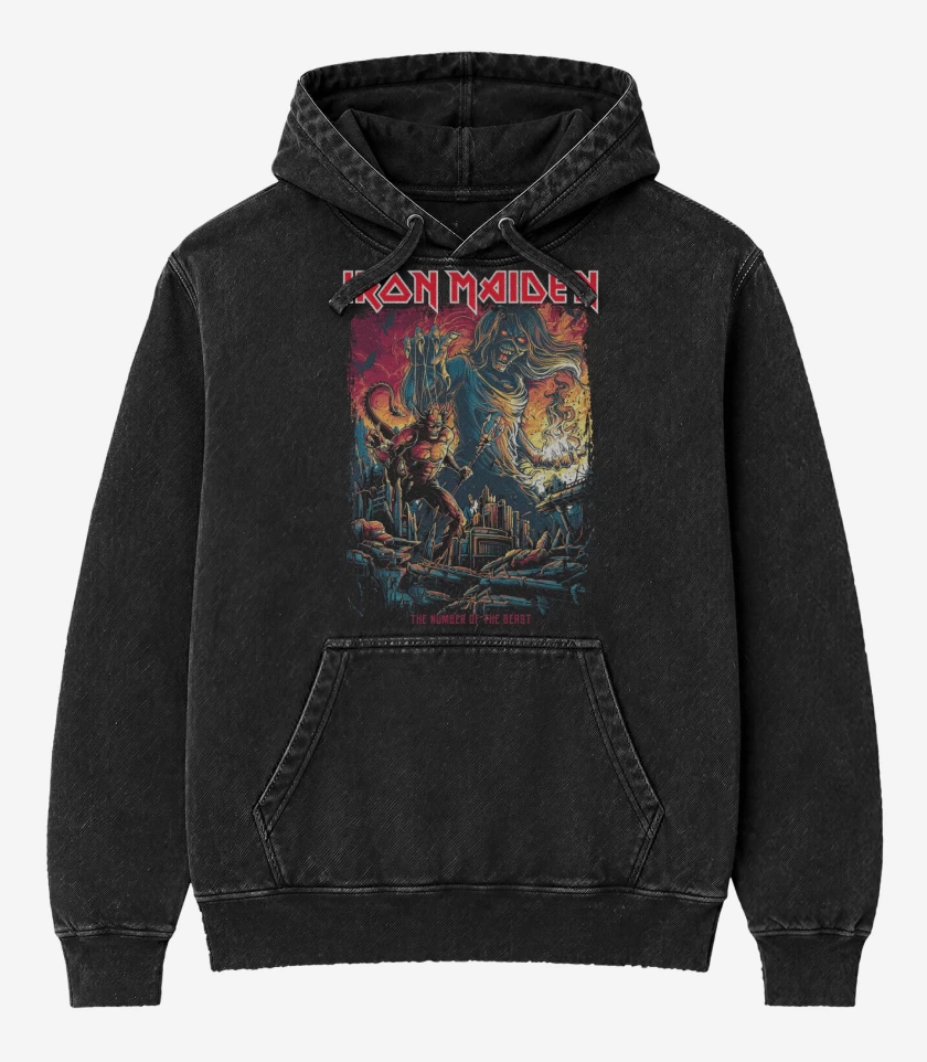 Poleron Canguro Acid Wash Negro de Iron Maiden The Number