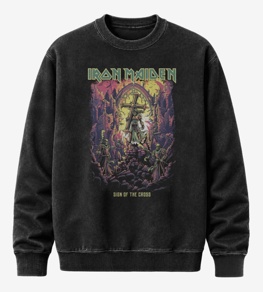 Poleron Polo Acid Wash Negro de Iron Maiden Sign of the Cross