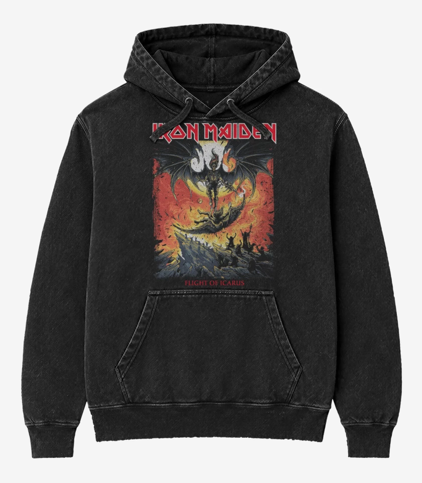 Poleron Canguro Acid Wash Negro de Iron Maiden Icarus