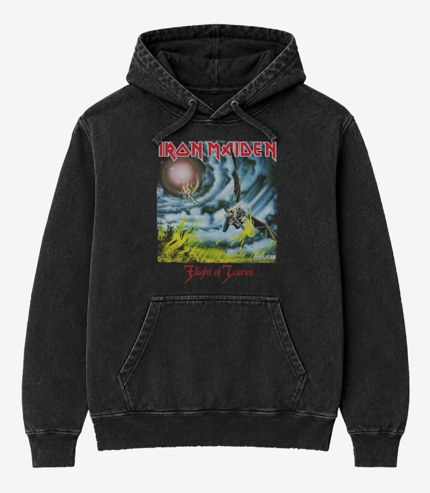 Poleron Canguro Acid Wash Negro de Iron Maiden Flight of Icarus