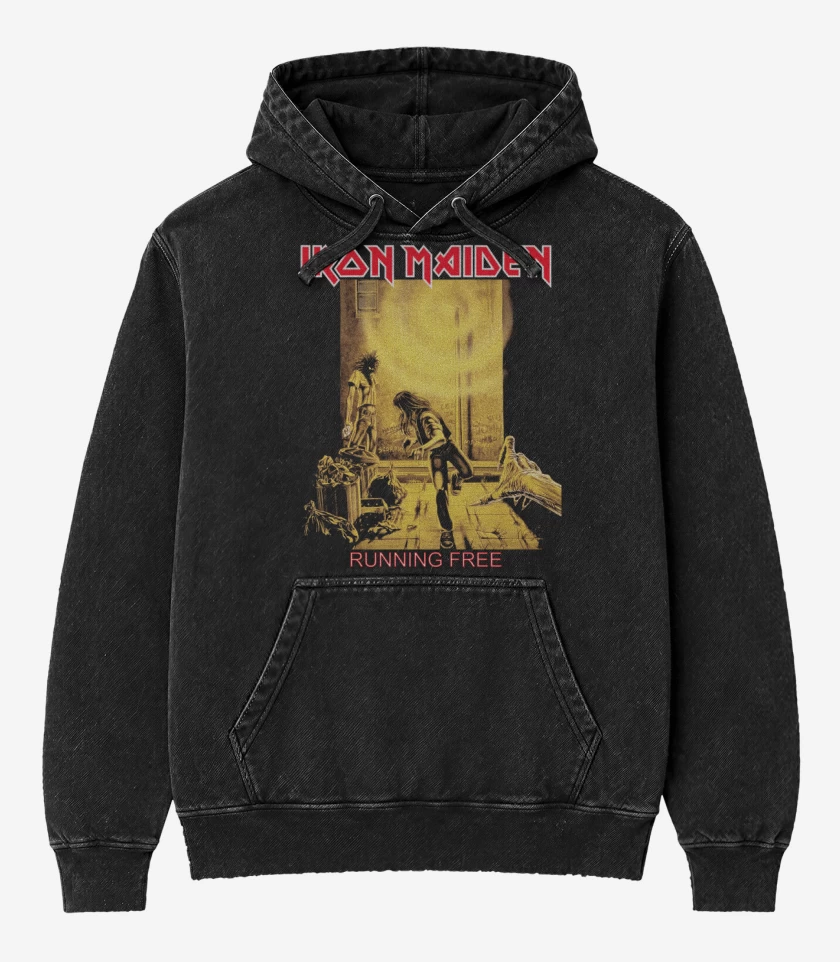 Poleron Canguro Acid Wash Negro de Iron Maiden Running Free