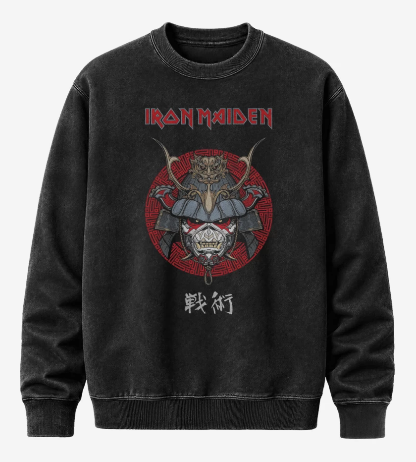 Poleron Polo Acid Wash Negro de Iron Maiden Eddie Samurai
