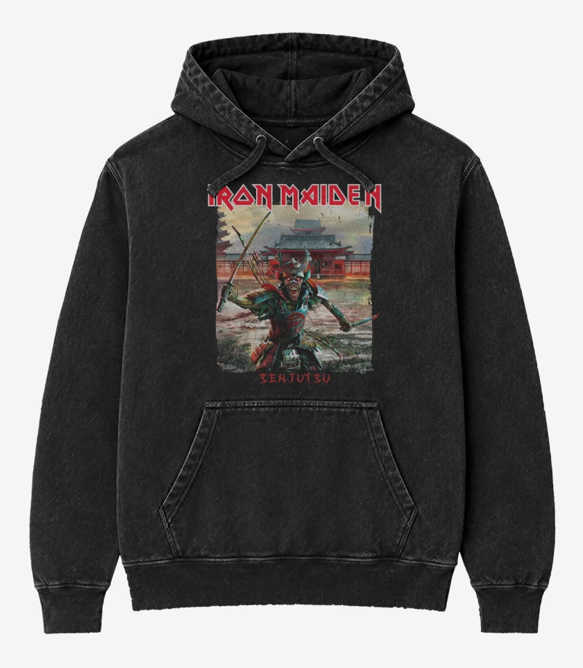 Poleron Canguro Acid Wash Negro de Iron Maiden Senjutsu Samurai