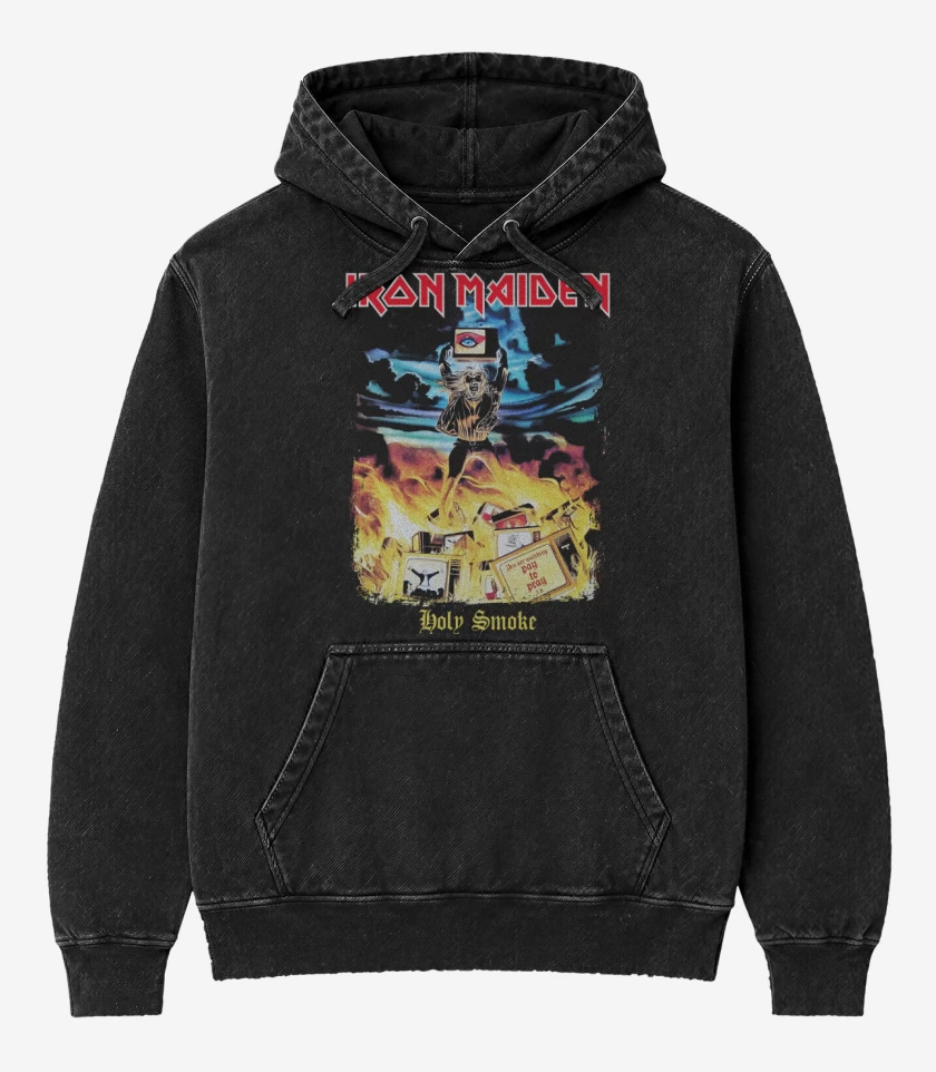 Poleron Canguro Acid Wash Negro de Iron Maiden Holy Smoke