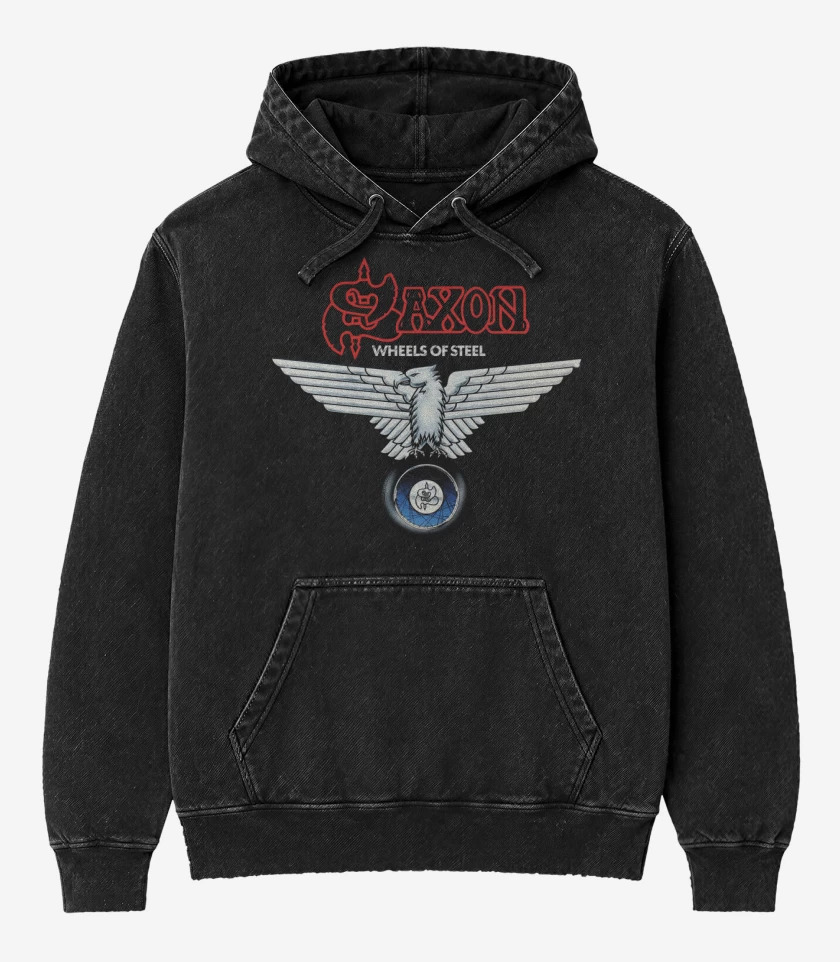 Poleron Canguro Acid Wash Negro de Saxon Wheels of Steel