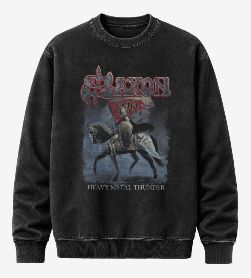 Poleron Polo Acid Wash Negro de Saxon Heavy Metal Thunder