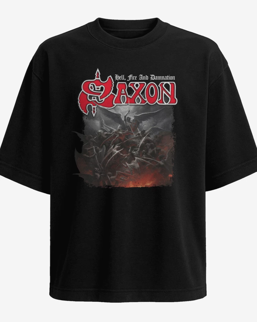 Polera Oversize Negro de Saxon Hell Fire and Damnation
