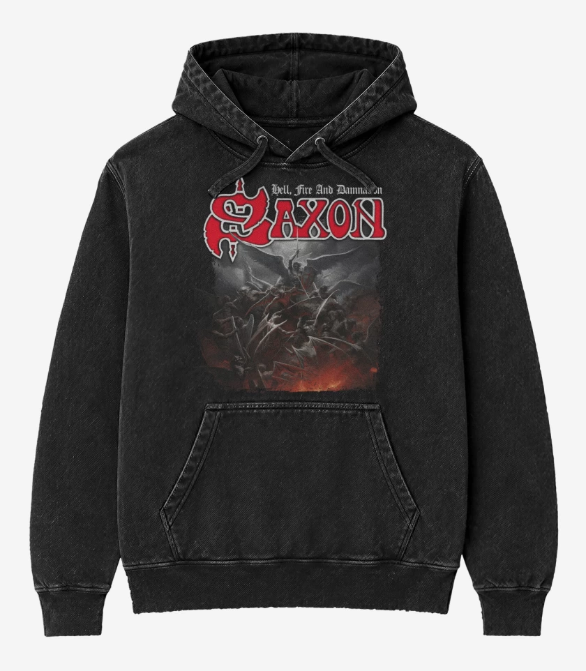 Poleron Canguro Acid Wash Negro de Saxon Hell Fire and Damnation