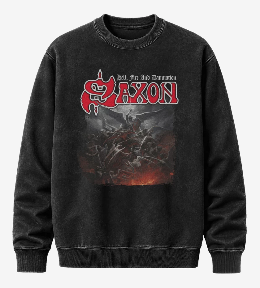 Poleron Polo Acid Wash Negro de Saxon Hell Fire and Damnation