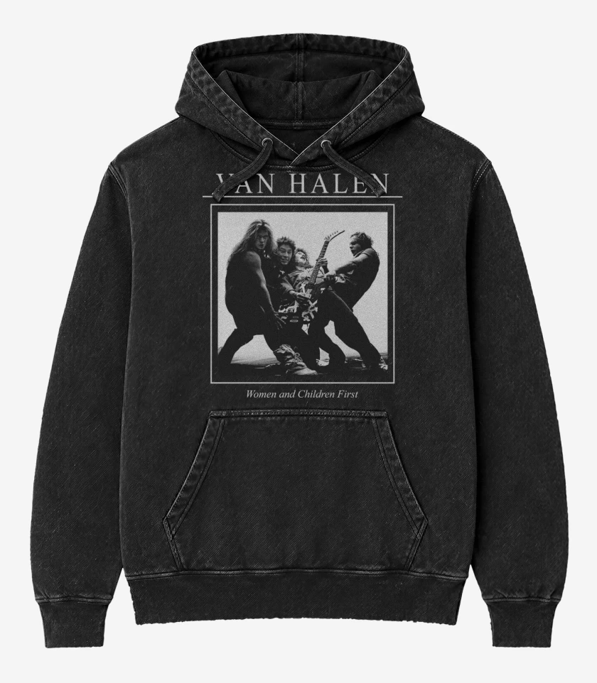 Poleron Canguro Acid Wash Negro de Van Halen Women and Children