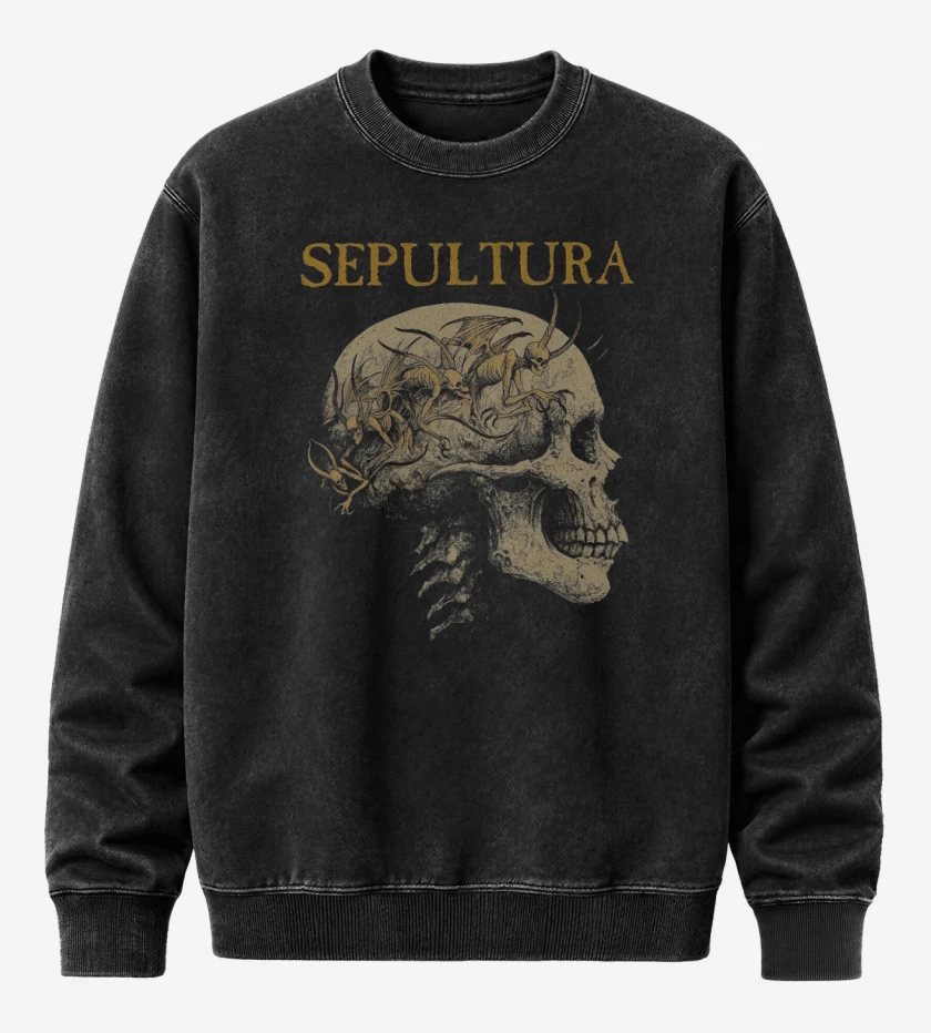 Poleron Polo Acid Wash Negro de Sepultura Calavera