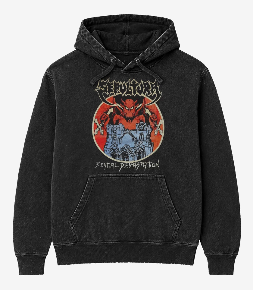 Poleron Canguro Acid Wash Negro de Sepultura Bestial 