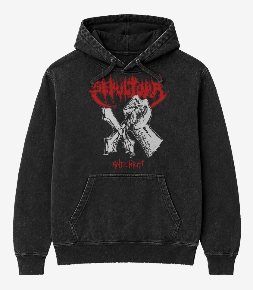 Poleron Canguro Acid Wash Negro de Sepultura Antichrist