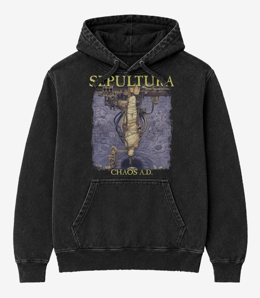 Poleron Canguro Acid Wash Negro de Sepultura Chaos AD
