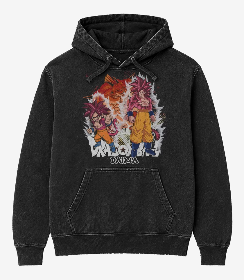 Poleron Canguro Acid Wash Negro de Goku Daima Ssj4