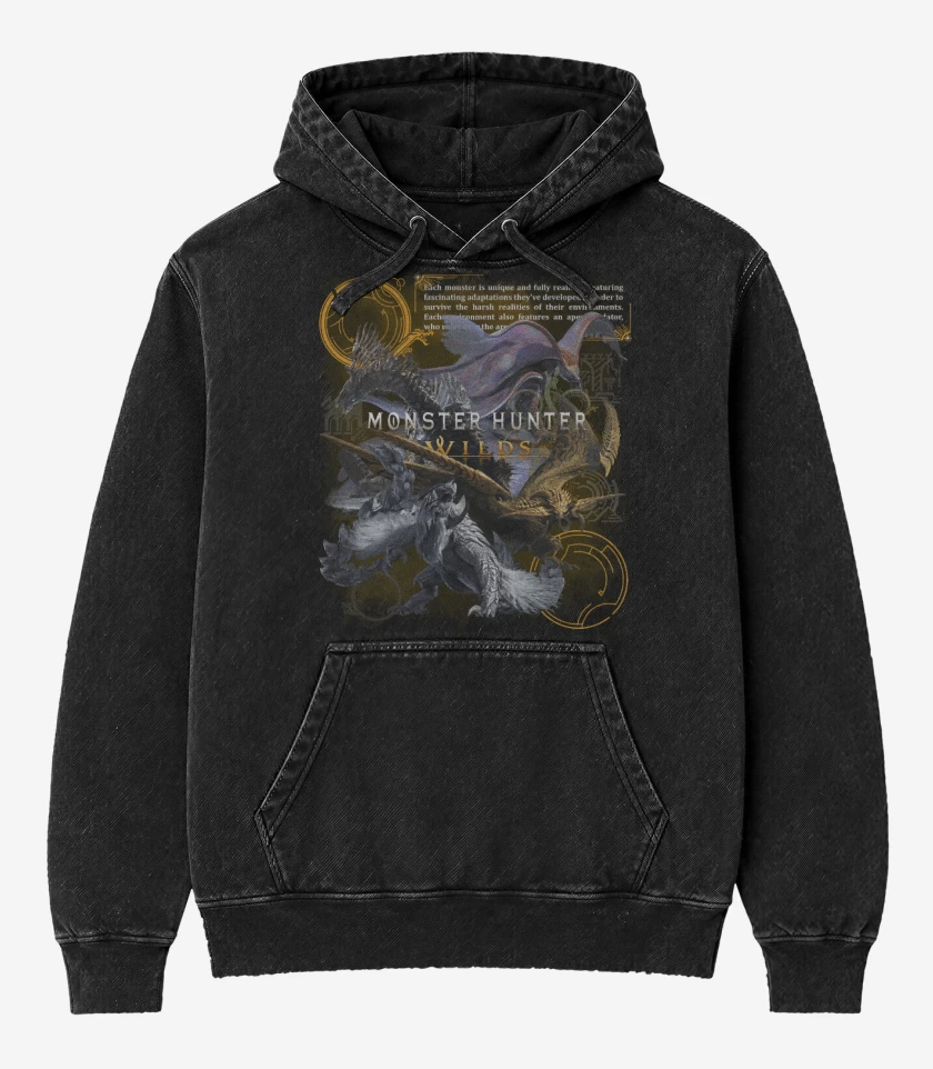 Poleron Canguro Acid Wash Negro de MH Wilds Monsters