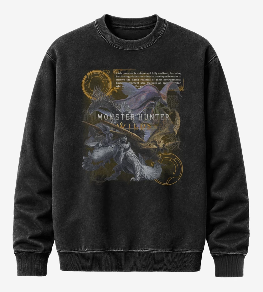 Poleron Polo Acid Wash Negro de MH Wilds Monsters