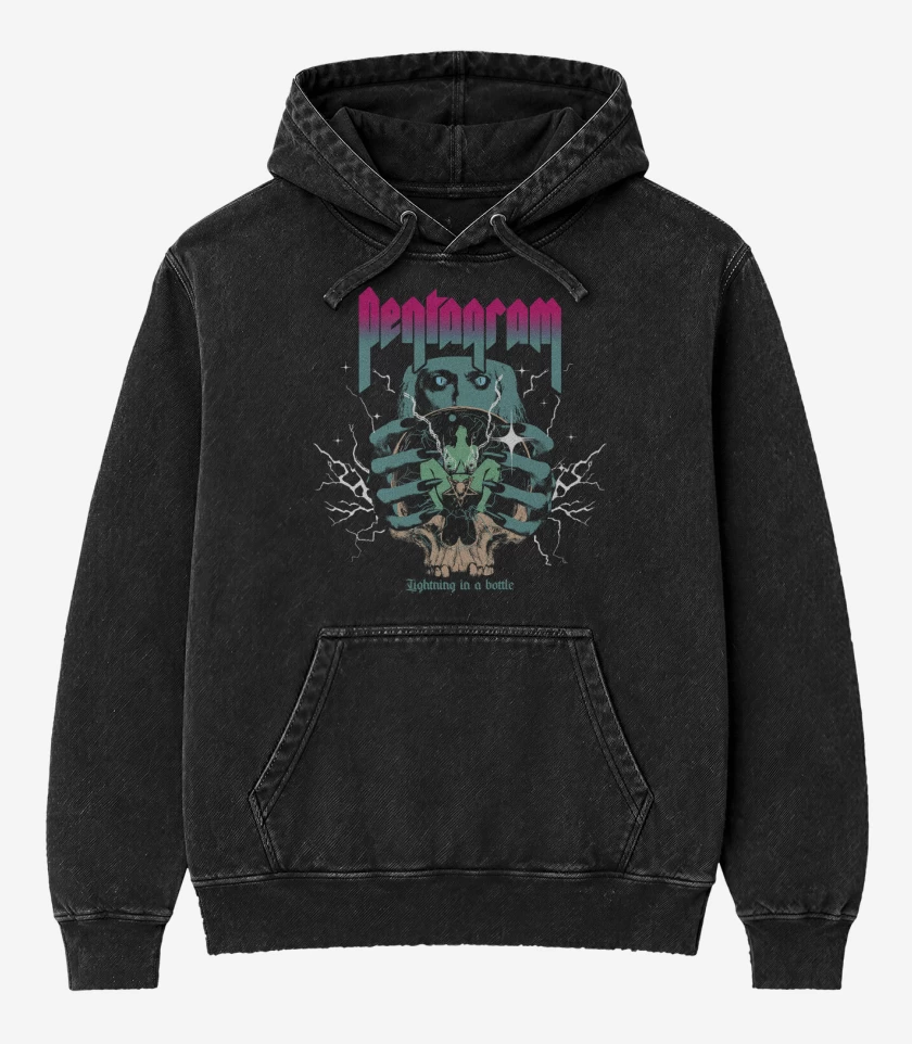 Poleron Canguro Acid Wash Negro de Pentagram Lightning in a Bottle