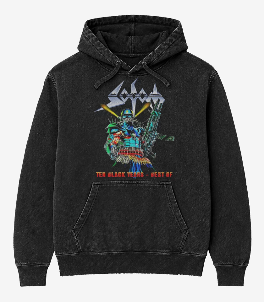 Poleron Canguro Acid Wash Negro de Sodom Ten Black Years