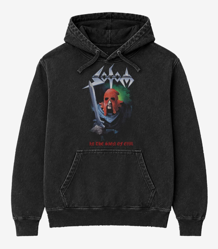 Poleron Canguro Acid Wash Negro de Sodom In The Sign of Evil