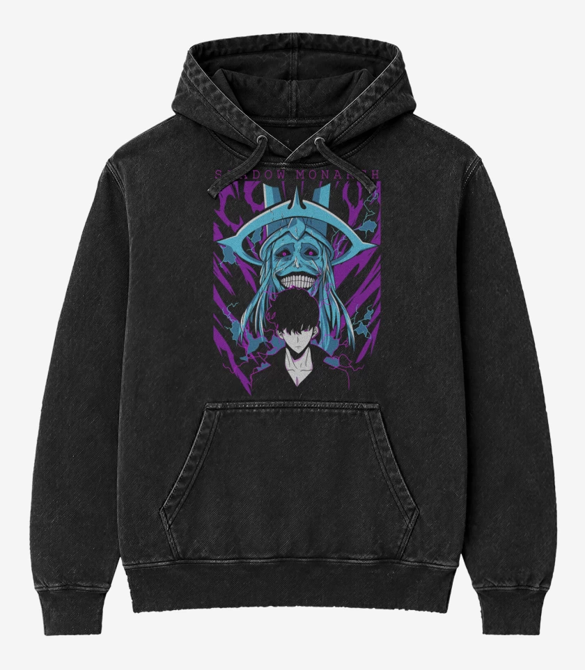 Poleron Canguro Acid Wash Negro de Solo Leveling Shadow