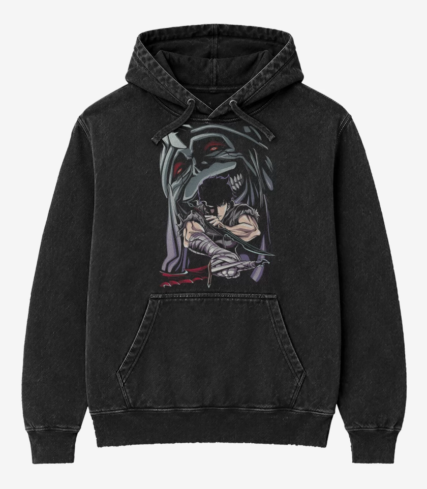 Poleron Canguro Acid Wash Negro de Solo Leveling Shadow Monarch
