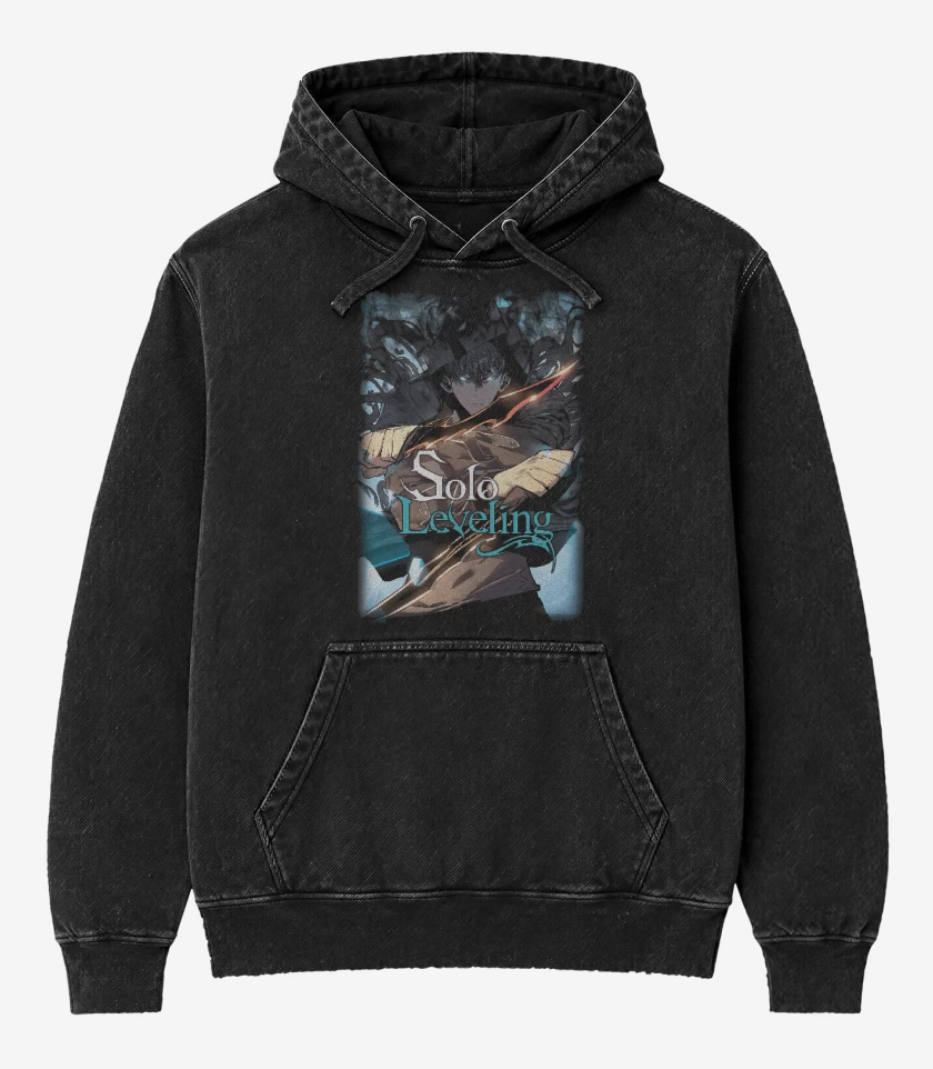 Poleron Canguro Acid Wash Negro de Solo Leveling fly