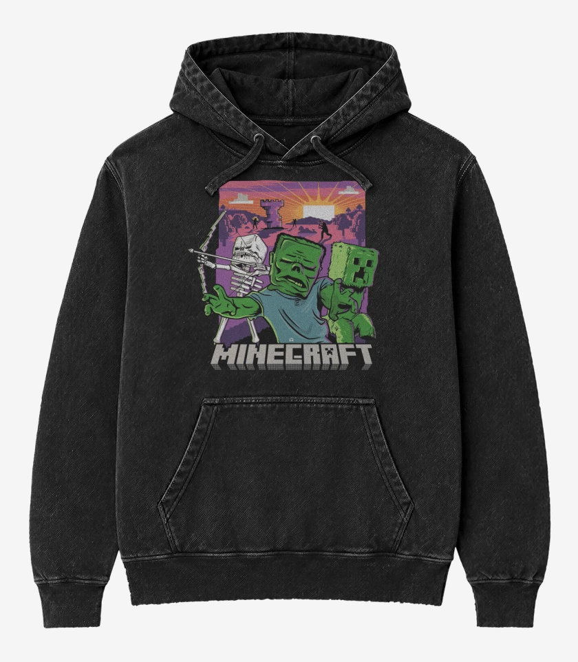 Poleron Canguro Acid Wash Negro de Minecraft Movie