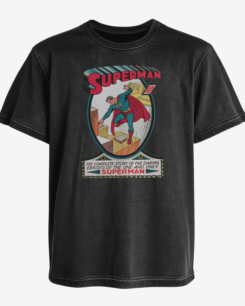 Polera desgastada Negro de Superman Comic Clásico