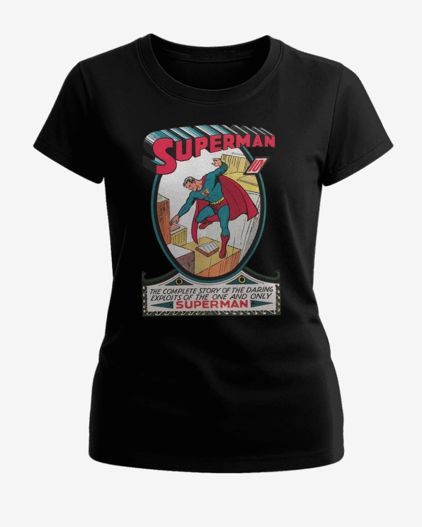 Polera de Mujer Negro de Superman Comic Clásico