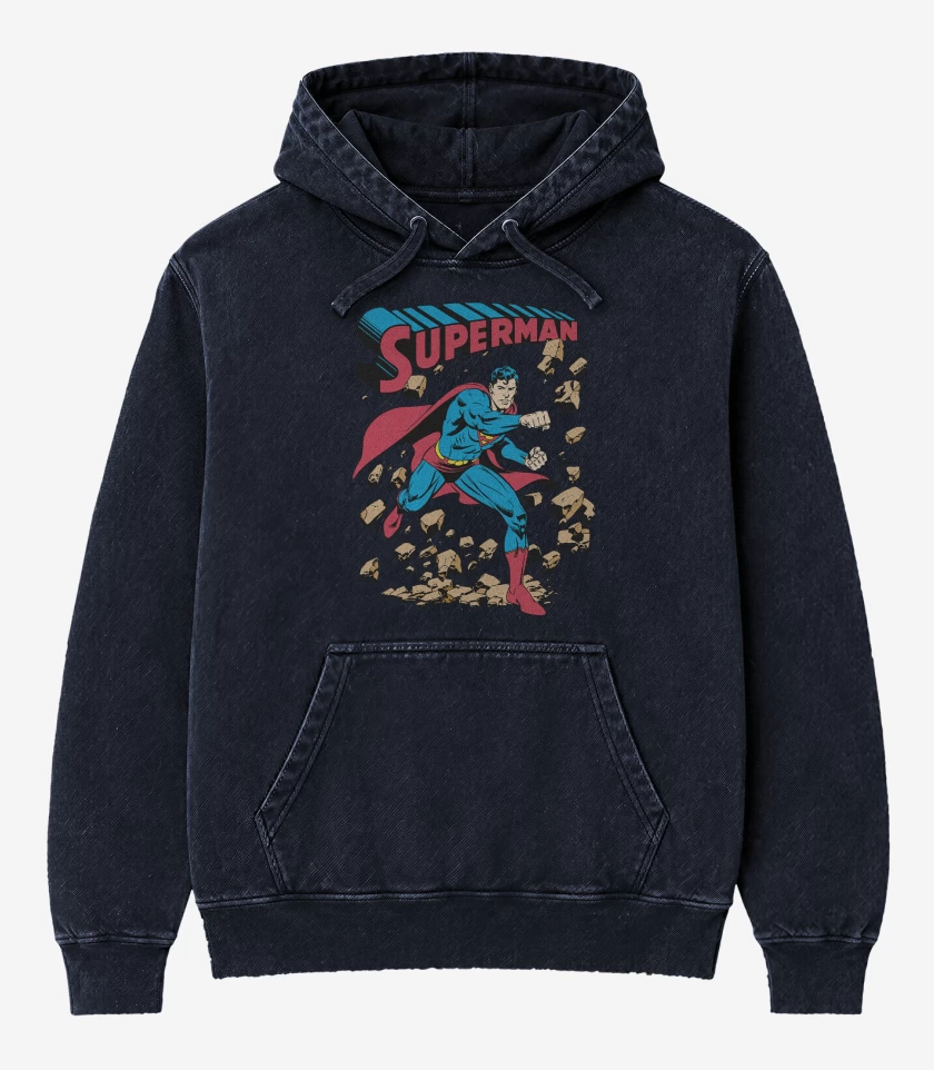 Poleron Canguro Acid Wash Azul Marino de Superman Imbatible